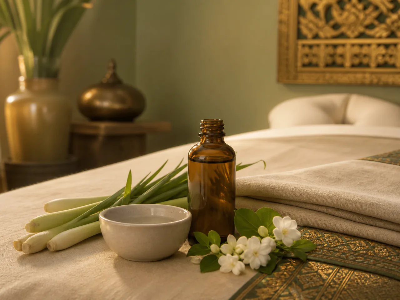 Préparation illustrée d’un massage aromathérapie avec huiles végétales et jasmin